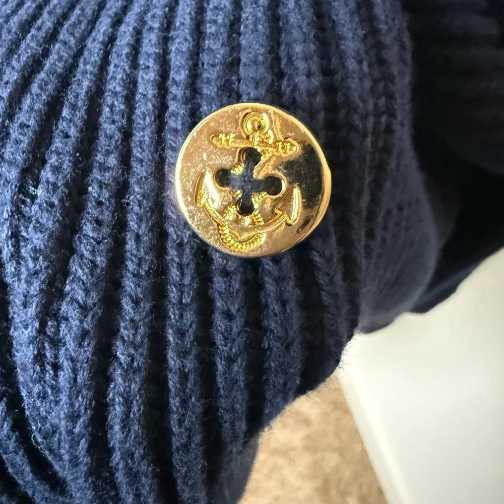 Lauren Ralph Lauren Double Breasted Cardigan Large Chunky Knit Navy Gold Pockets
